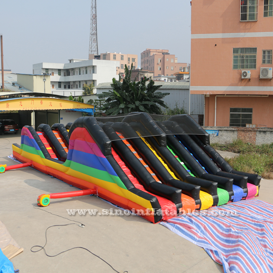 6 lane color run adults inflatable obstacle course with 2 hill slides for outdoor 5K inflatable sports activities