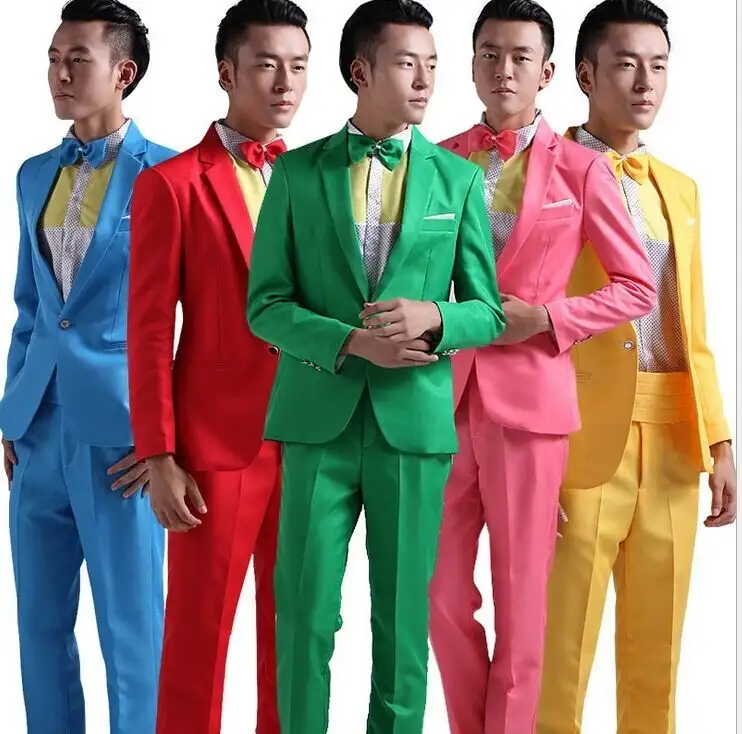 5 Color M L XL XXL Two Piece Suit Men Set Red Yellow Blue Green Pink Hosted Theatrical Tuxedos For Men Wedding Prom Wear E7552