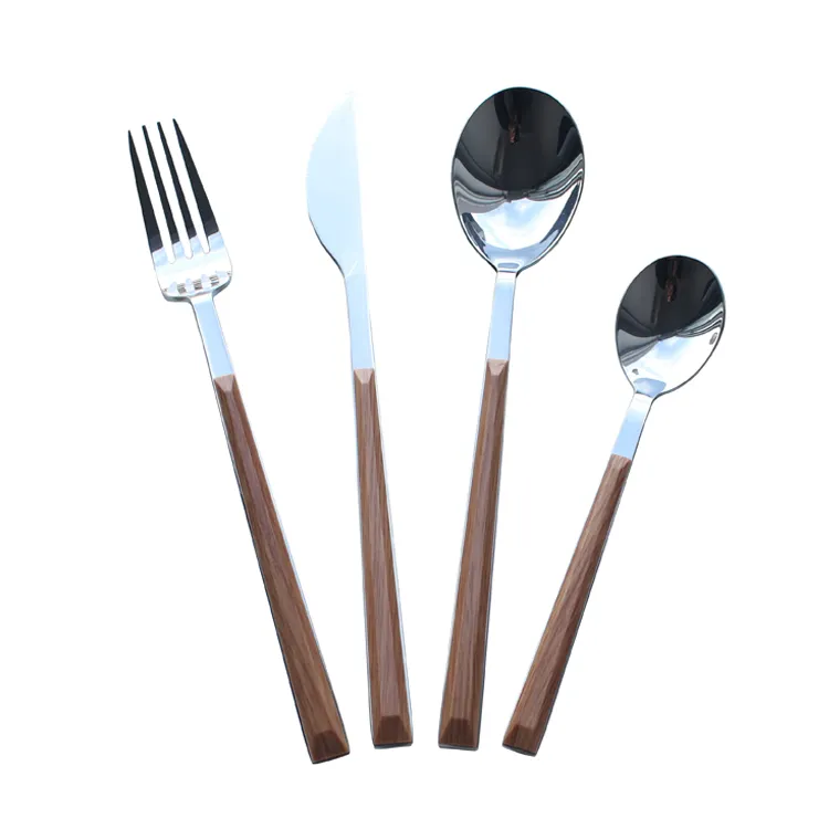 Cathylin stainless steel wooden color plastic handle flatware sets spoons knife fork cutlery