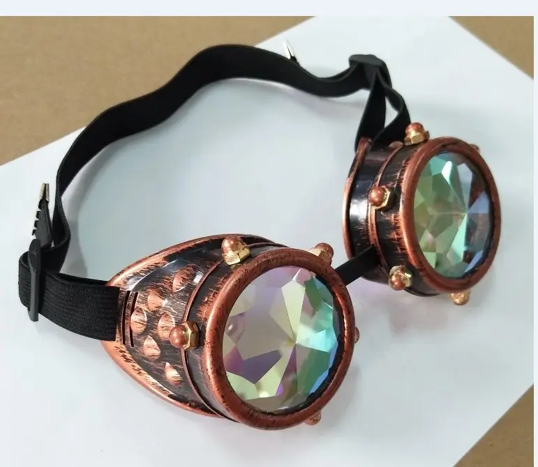 Steampunk Goggles Copper Padded Kaleidoscope Goggles, Real Crystal Glass Lenses, Gothic Cyber Rave Steampunk