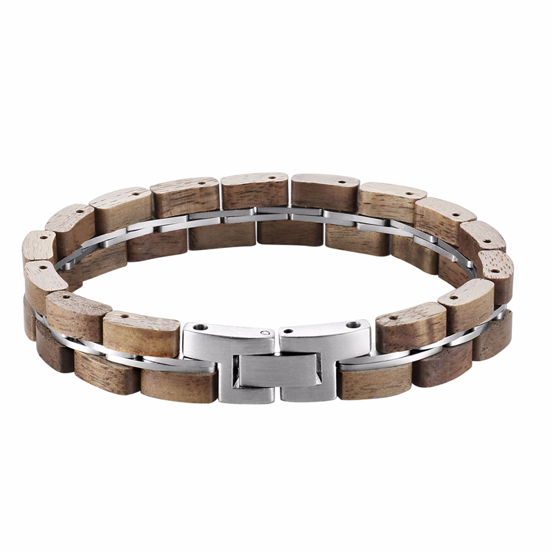 Bracelet Wood and stainless steel Cuban link chain mens wooden bracelet