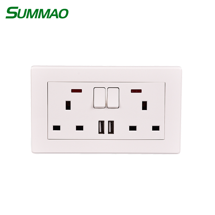 Розетка настенная электрическая, 2 клавиши, 3 контакта, 13 а, с 2 USB-портами