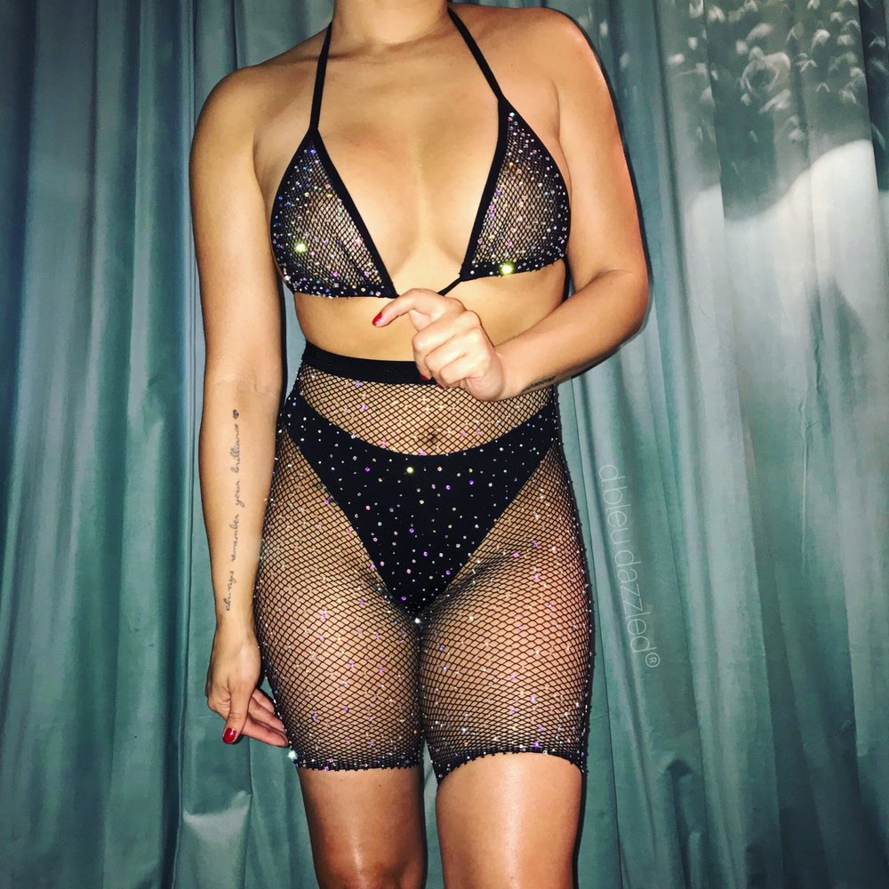 Women Two Piece Lingerie Fishnet Swimwear Rhinestone See Through Clubwear Bikini Top and Shorts Set