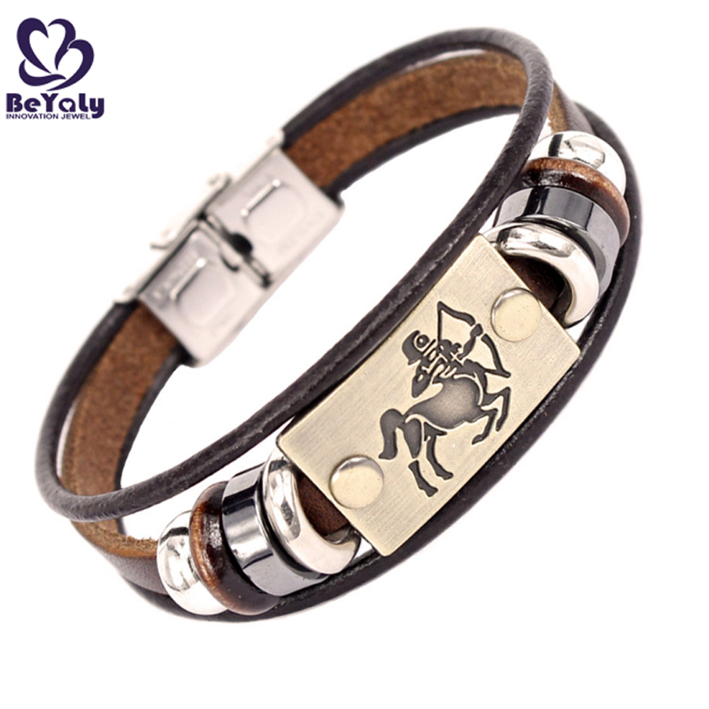 Factory Wholesale Love Braided Leather Zodiac Engraved Stainless Steel Women Bangle Bracelet Clasp
