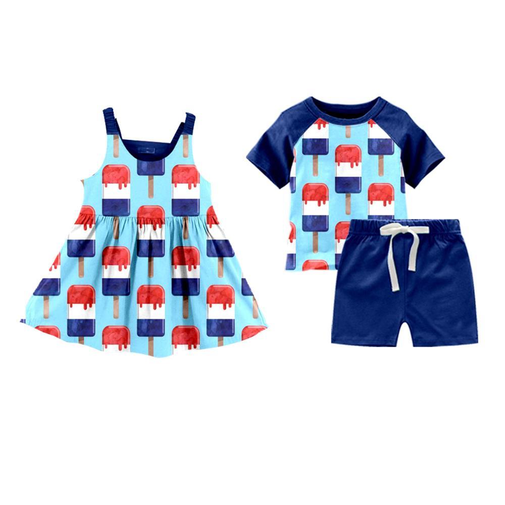 New Design Girl Dress and Boy Outfit Match Set Ice Cream Print Kids Clothing Set
