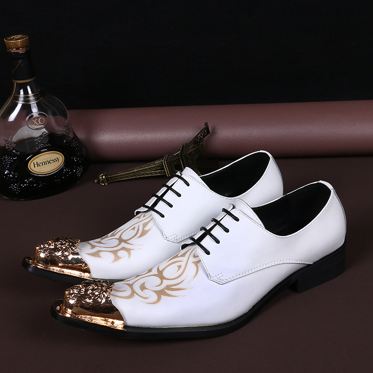 Elegant White Leather Wedding Dress Shoes for Men with Metal Pointed Toe