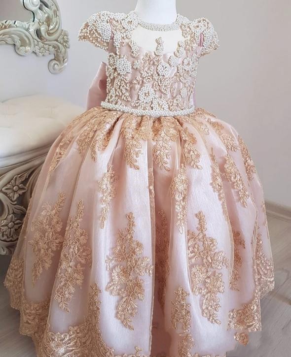 ZH4206G Luxurious Pearls Lace Flower Girl Dresses Short Sleeves Little Girl Wedding Guest Dresses Vintage Pageant Party Gown