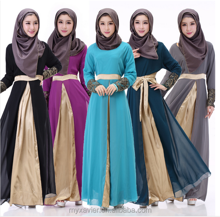 Последний дизайн abaya 2016 в Дубае и Турции мусульманский шифоновый материал с вышивкой на манжетах двухслойный (AI1001)