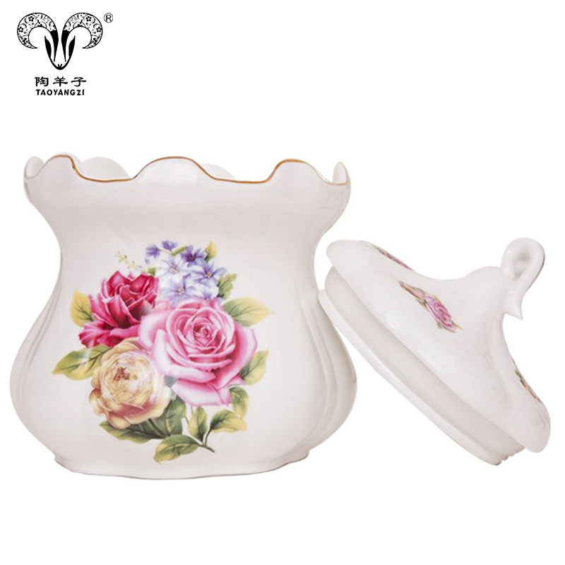 New arrival European style delicate decal coffee sugar pot ceramic honey jar with lid