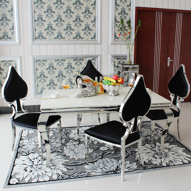 Fashionable white top marble dining table set with 4 seater black heart shape chairs