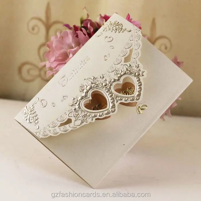Fancy Gold Foiled Three Fold Heart Shaped Wedding Invitation Card