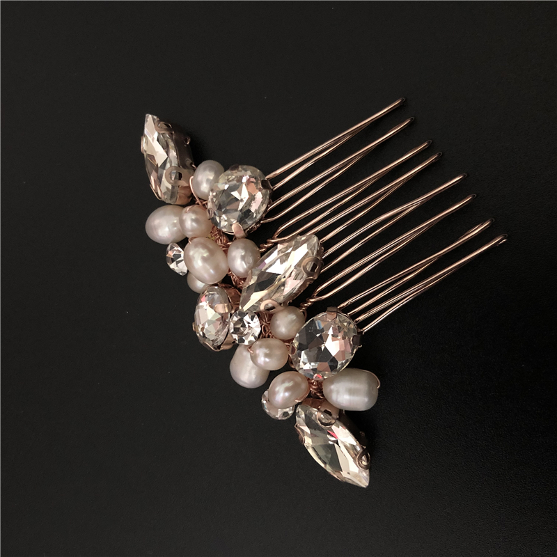 Simple freshwater pearl bride hair accessories rhinestone headpiece gold wedding metal hair combs