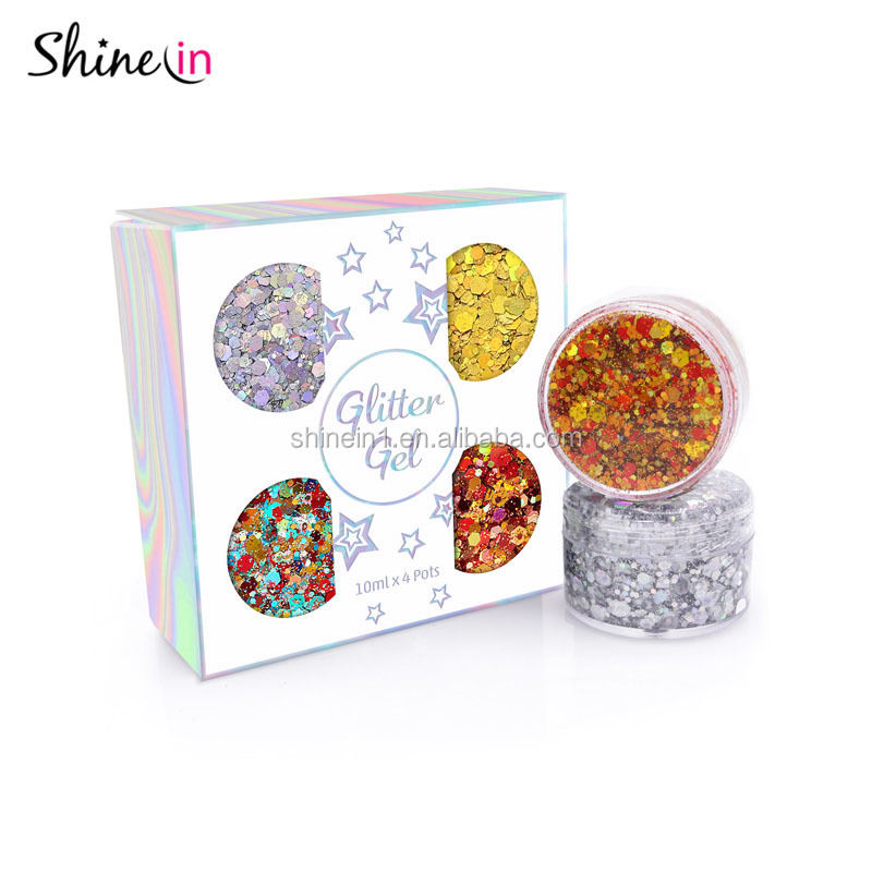 Shinein Custom Gift Box Package Gold Hair Face Glitter Gel Metallic Silver Face Body Glitter Gel for Face Paint