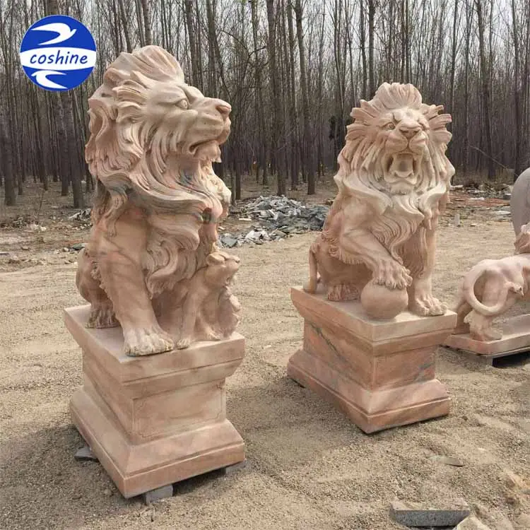 Antique Red Hand Carved Marble Lion Sculptures & Stone Statue