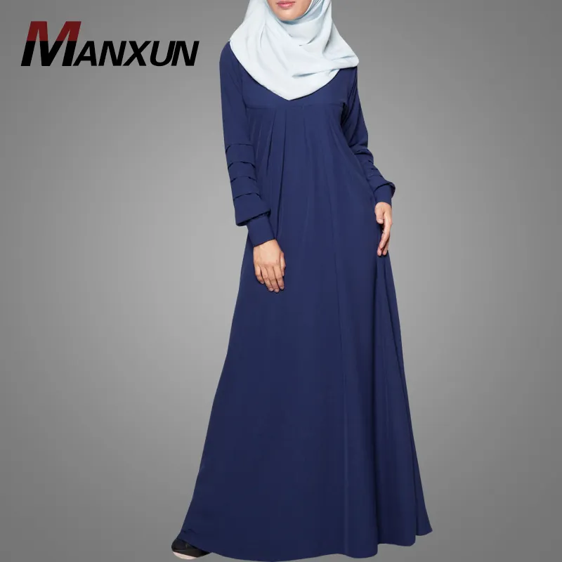 Simple Blue Abaya O Collar Muslim Dress Malaysia Kebaya Maxi Islamic Clothing With Long Sleeves