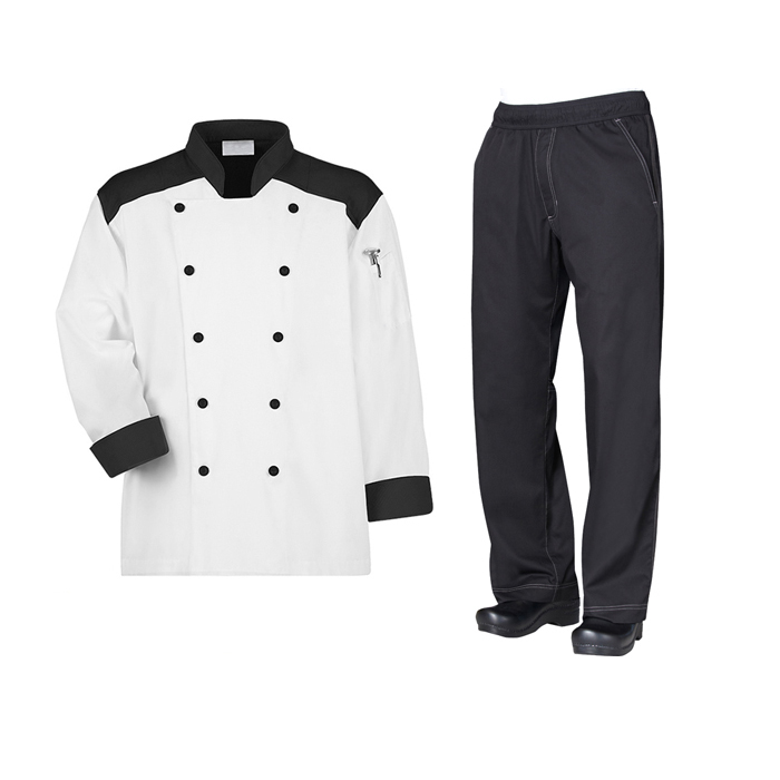 New design black hem collar cook chef coat cook uniform chef jacket pants kitchen uniform chef uniform set