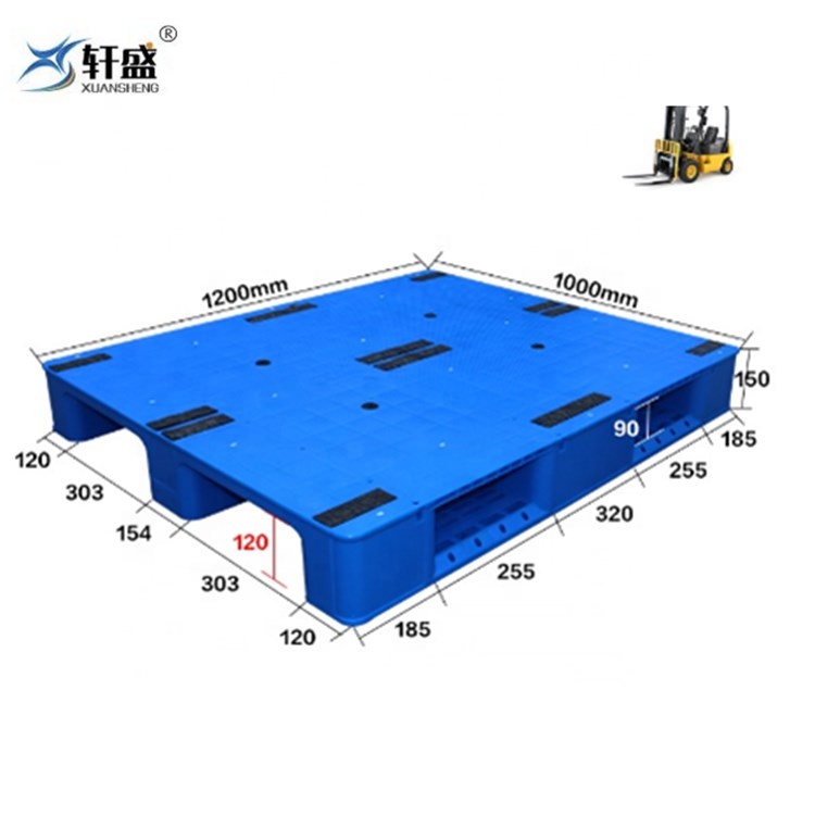 heavy weight 1200*1000mm solid surface and 3 runners back plastic pallet with 8 steel bars