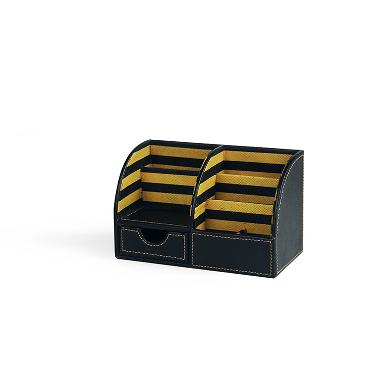 Black stitching leather with yellow stripe fabric decor office desk drawer organizer, home office organization, desk accessory