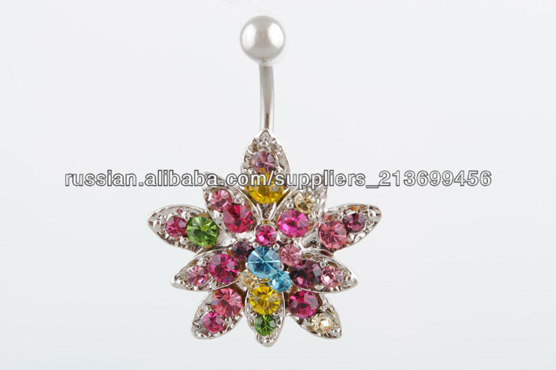 Красочный цветок лотоса Rhinestone кнопки живота пупка кольцо штангой Пирсинг