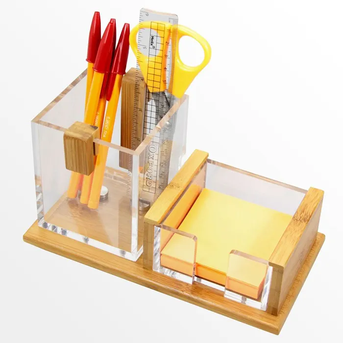 Multi Functional Clear Acrylic wood pen and Sticky note holder desk organizer for office