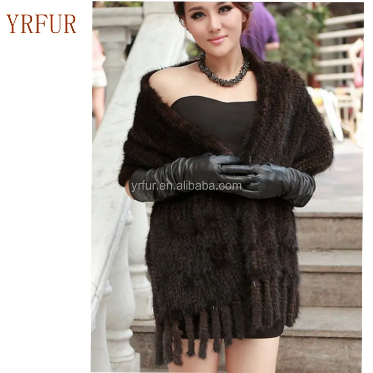 YR782 YANRAN Fur Women Hand Knit Fur Shawl with Tassel Factory Direct