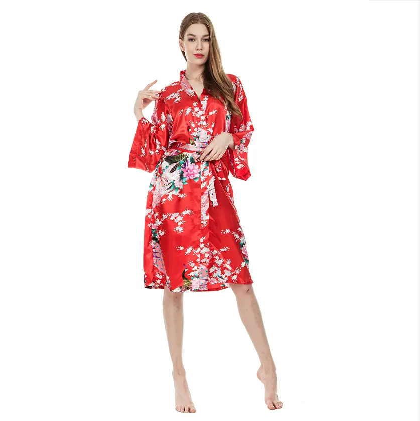 2019 г., Yiwu, производитель, оптовая продажа, женское атласное кимоно из ткани «Оксфорд», халат для сна «Павлин», большие цвета, длинные халаты для невесты и подружки невесты