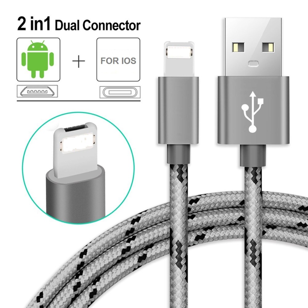 2 в 1 микро USB кабель для Android для iPhone зарядное устройство 2.4A нейлоновый Плетеный USB двойной зарядный кабель шнур