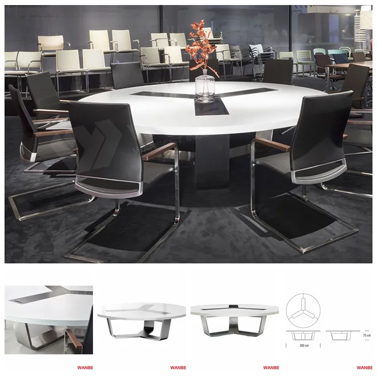 Modern design white solid surface round shape 6-8 person multimedia outlet boadroom conference table