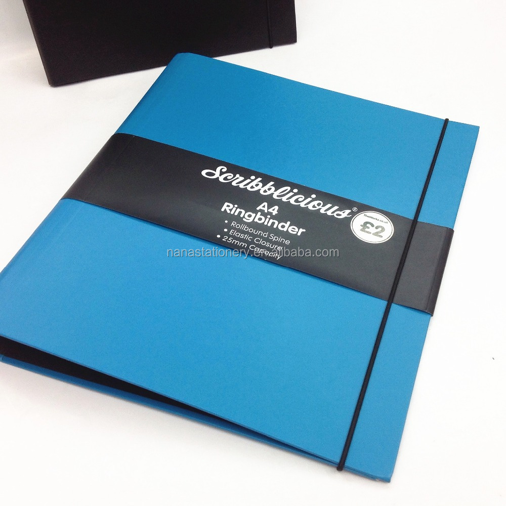Cardboard ring binder with elastic band for closure