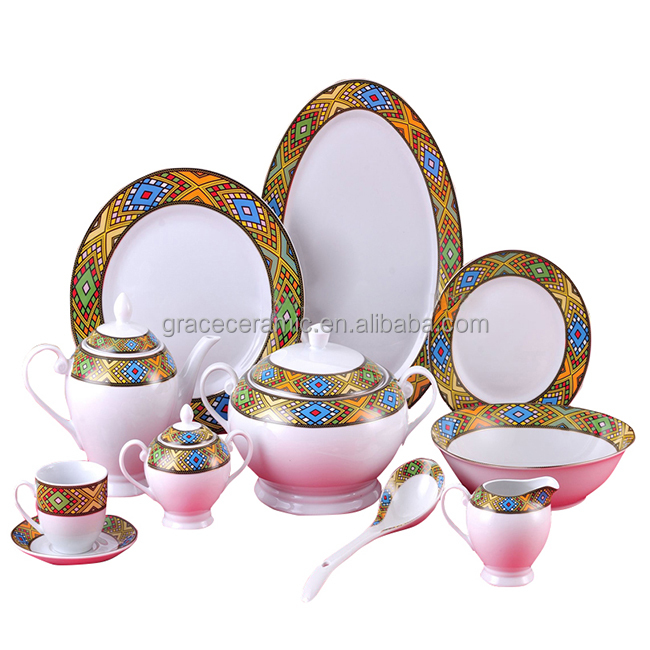 Фарфоровая посуда Rekebot Tibeb Edition Queen Sheba 37 шт. Набор тарелок в эфиопском эритрейском стиле набор кофейных чашек