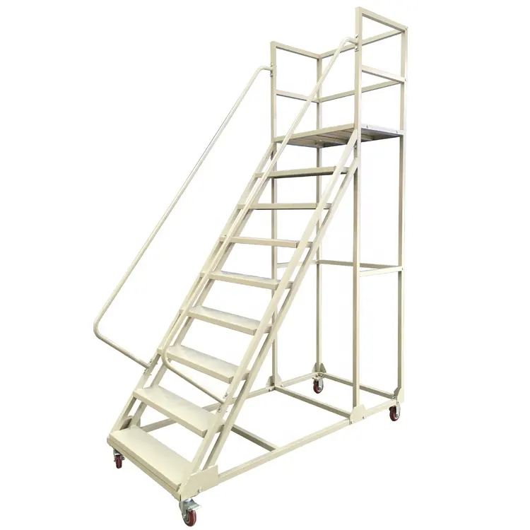 Warehouse Steel Safety Rolling Mobile Platform Ladder with Handrails