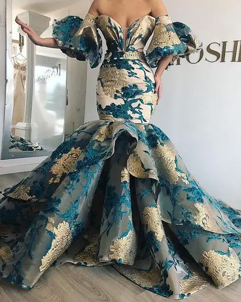 Latest style Custom Design printing Golden Organza Fabric Appliques Mermaid Wedding Dress 2022 WF901