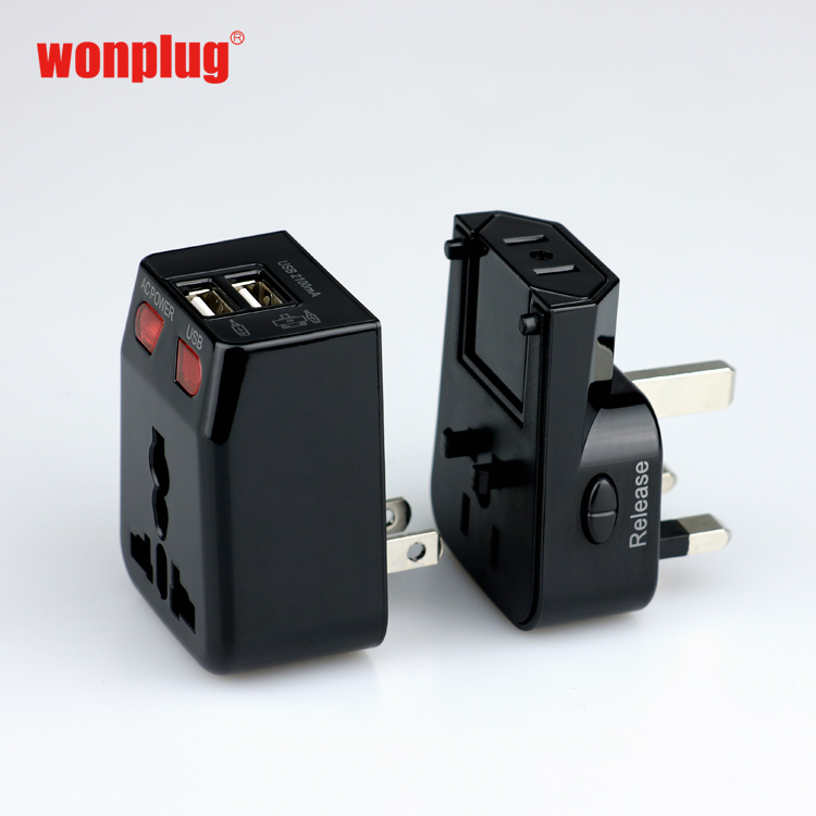 Универсальный дорожный адаптер Wonplug с двумя Usb-портами, вилкой для Австралии, США, Великобритании и Европы, все электрические вилки CE, ROHS 3A, розетка для Австралии, США, Великобритании, ЕС, 5 В, 2,1 А