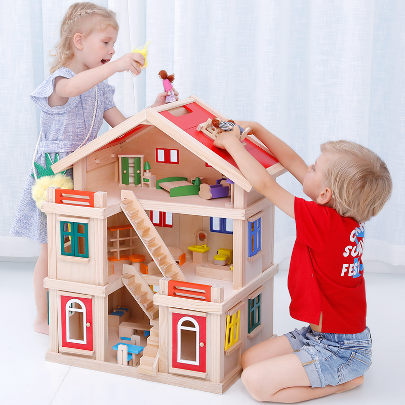 Onshine Happy family wooden toy DIY dollhouse with colorful dolls & furnitures kids pretend play large doll house
