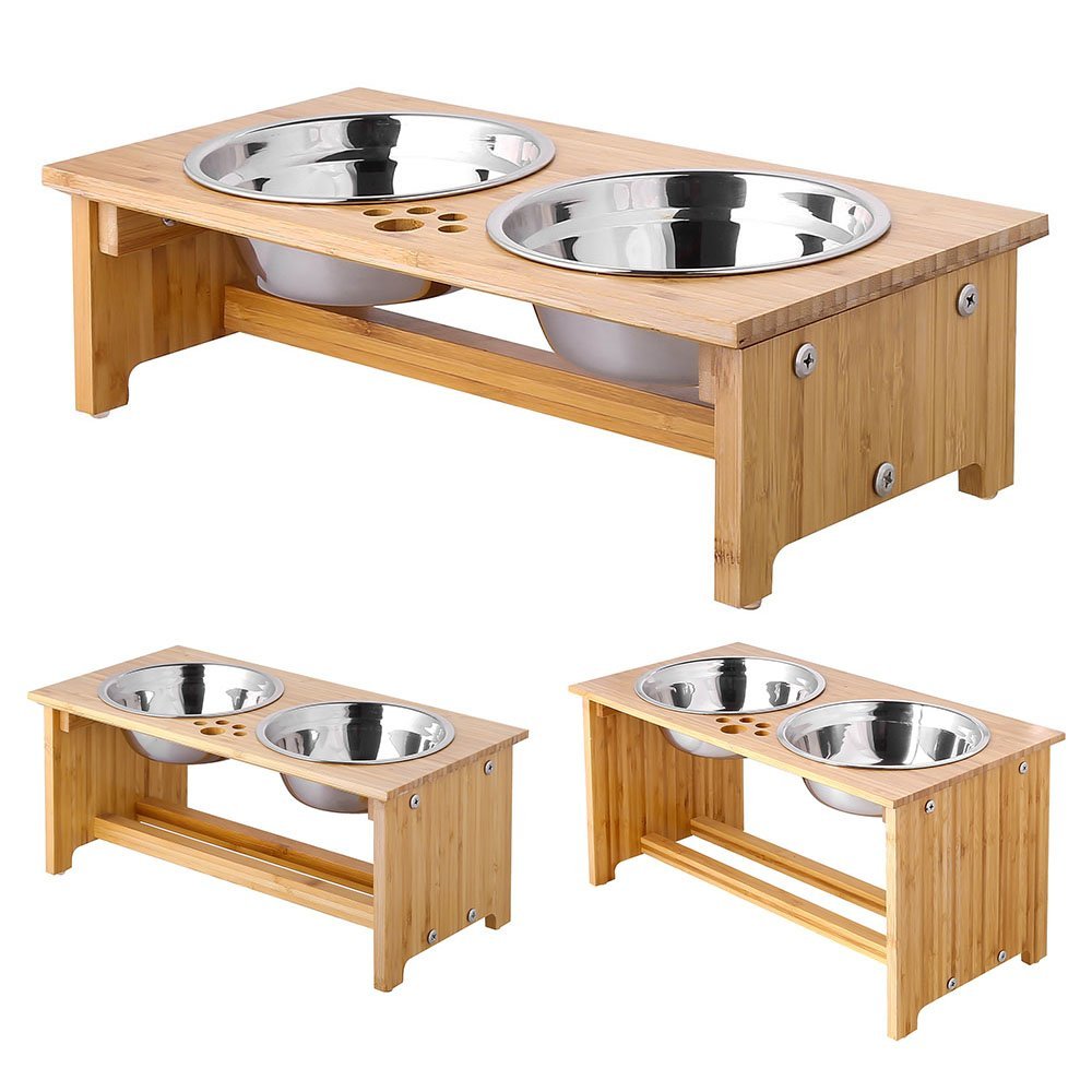 Pet Double Dog Bowls. Bamboo Elevated Dog Cat Food AndWater Bowls Pet Bowl