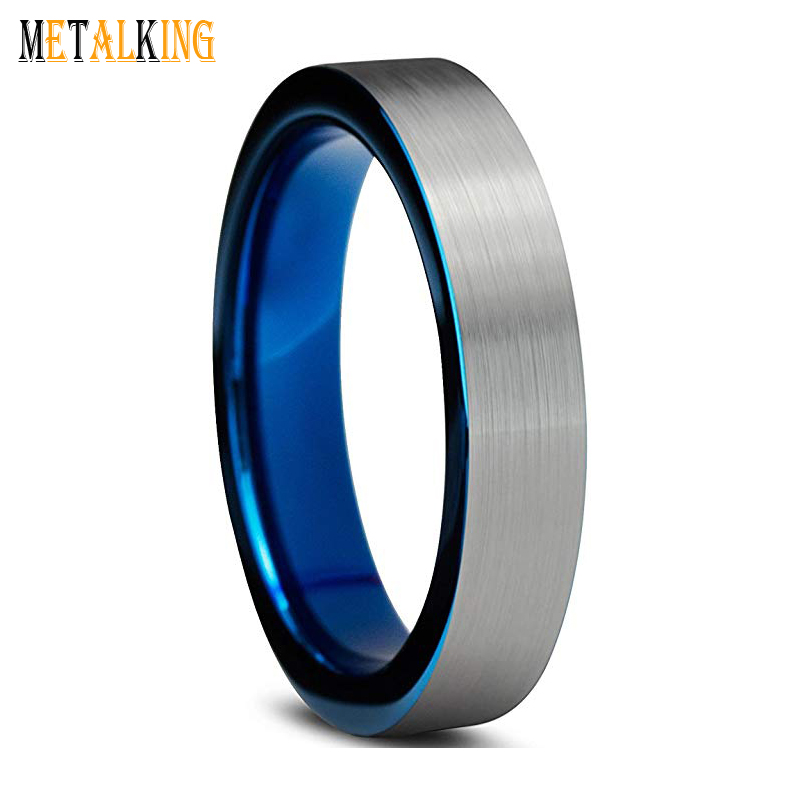 6mm 4mm Blue Tungsten Wedding Band Ring for Men Women Flat Brushed Comfort Fit
