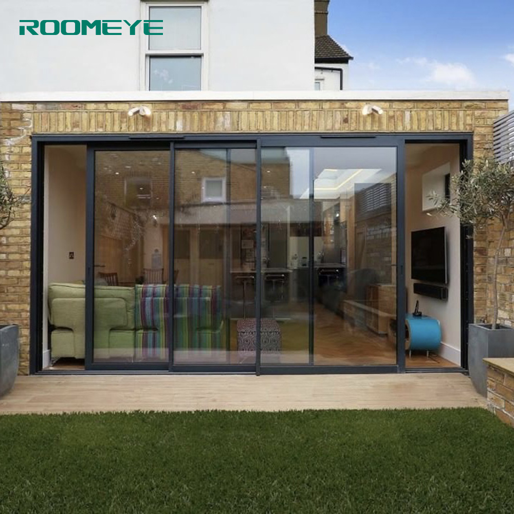 Roomeye алюминиевая стеклянная угловая раздвижная дверь