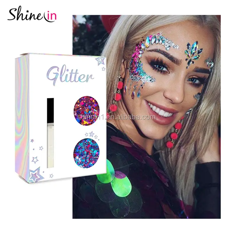 Wholesale Box Package Colors Cosmetic Makeup Glitter Holographic Face Glitter with Glitter Fix Gel for Rave and Party