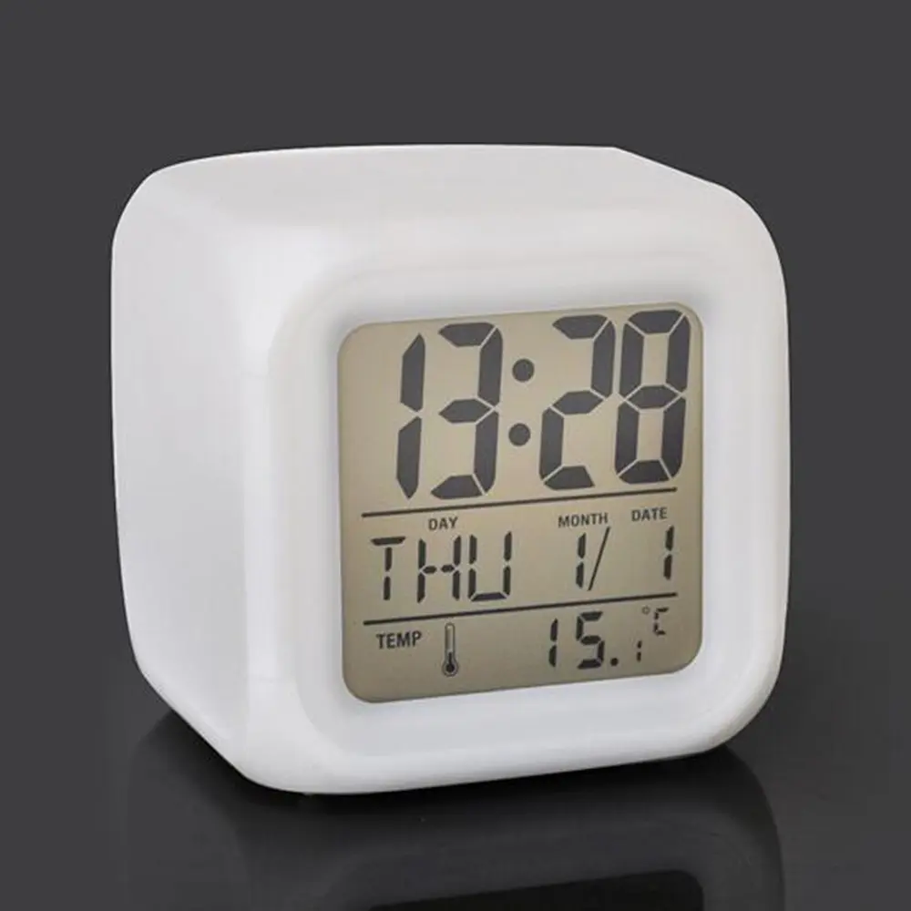 LED Cube 7 Colors Night Change LCD Digital Glowing Date Thermometer Calendar Display Cube LCD Clock Kid Alarm Clock