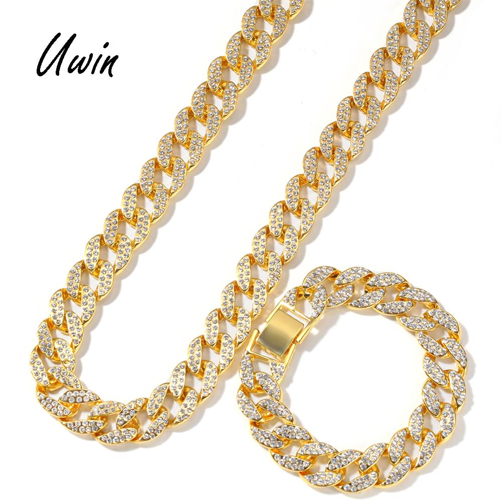 Новая мода Iced Out Мужские Miami кубинские звенья браслет ожерелье кубинская цепочка комплект ювелирных изделий