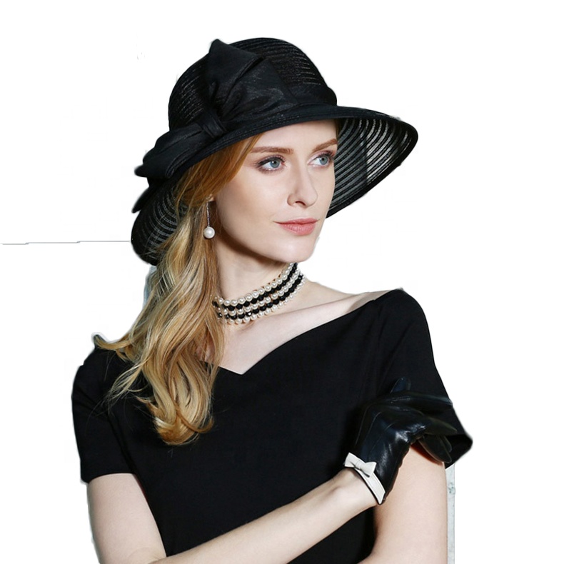 Для женщин Fedoras Мода Кентукки Дерби церкви партии Cloche Fedoras Шляпа Лето бантом Большой широкими полями черный свадебные шапки