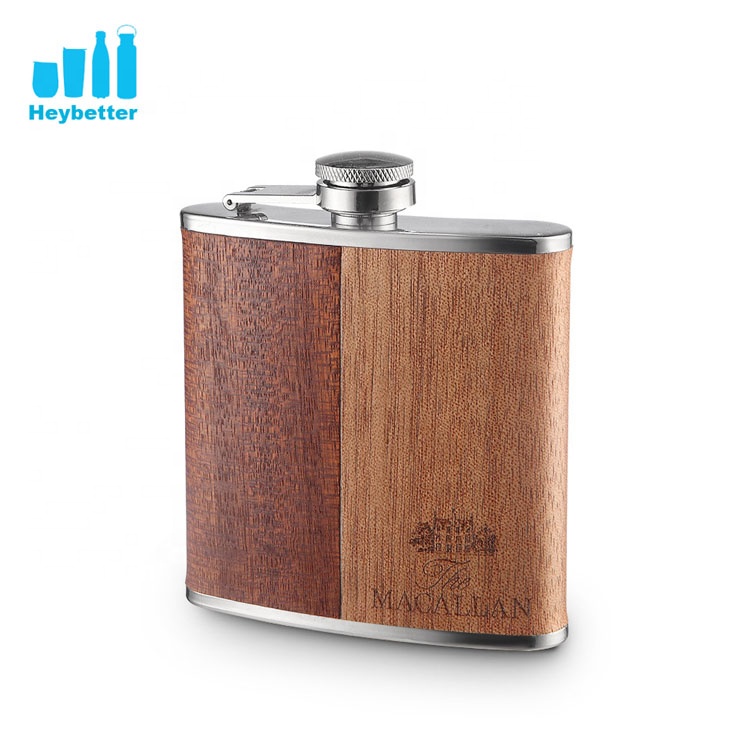 High quality hip flask stainless steel Wood 6oz flask