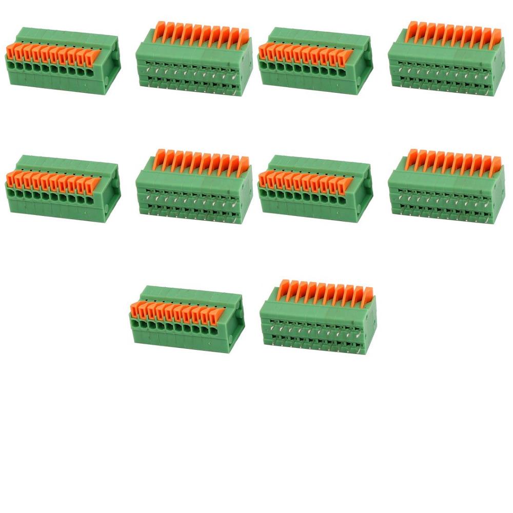 Клеммная колодка для монтажа печатных плат uxcell, 10 шт., KF141V, 150 в, 2A, 2,54 мм, шаг 10P, зеленая