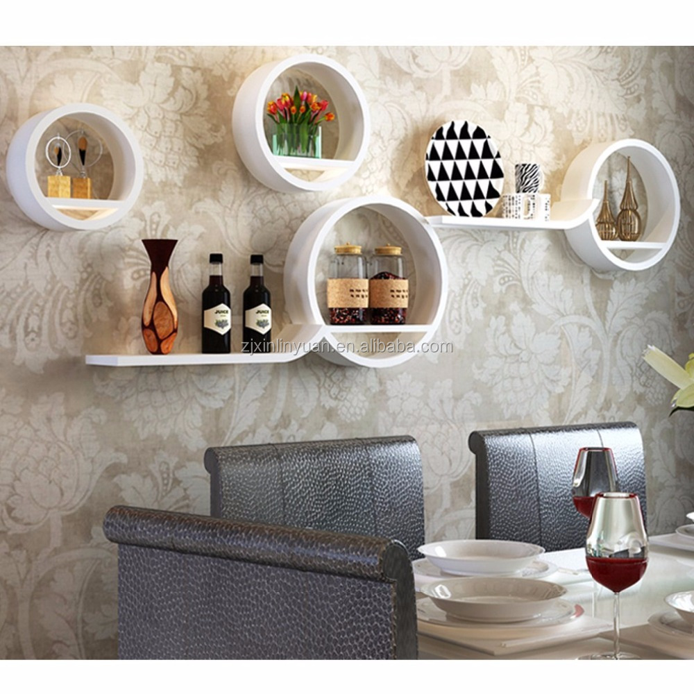 Modern wooden Round decorative display Wall Shelf Set of 4