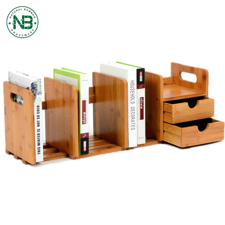 Eco-friendly Expandable space saving bamboo desk organizer bookshelf with drawers