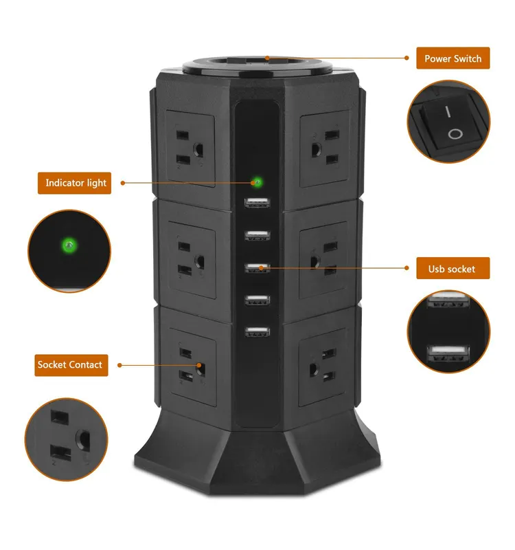 US standard hot sell tower socket power socket schuko electrical socket outlet with USB