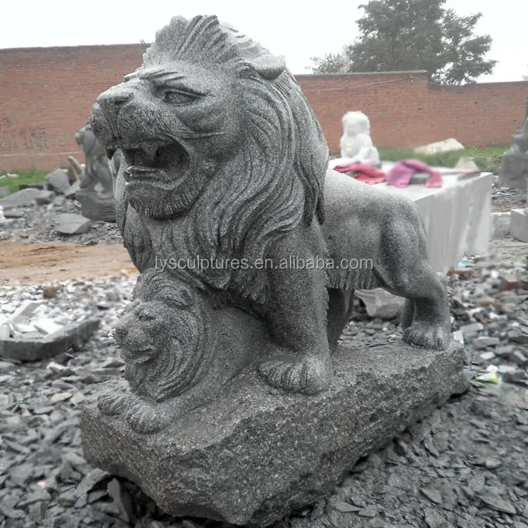 Wholesale black granite stone lions statue with a big lion and a little lion