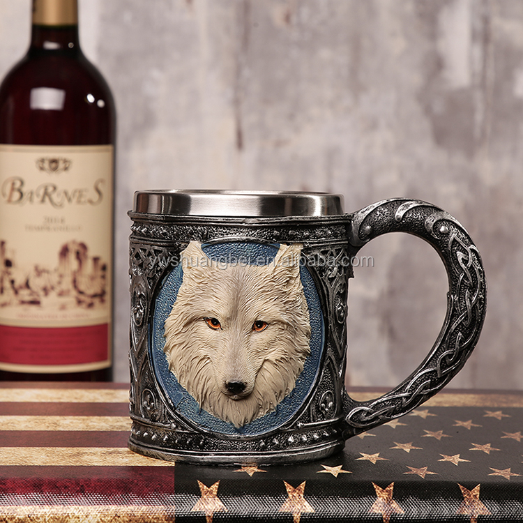 Popular 3D wolf mug of coffee resin stainless steel cup