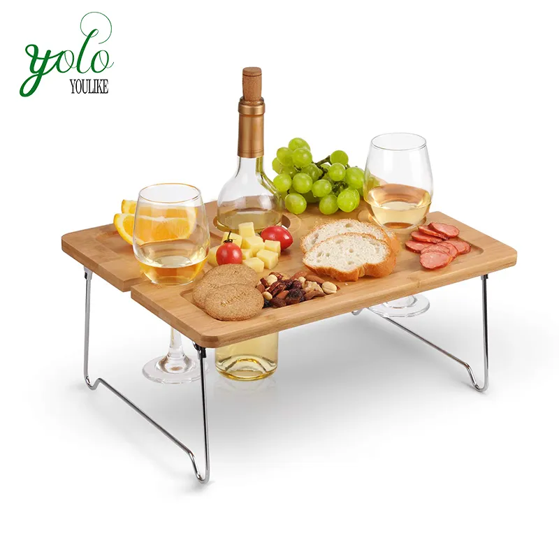 Eco Outdoor Snack and Cheese Holder Tray,Picnic Table,Folding Portable Bamboo Wine Table For Park And Bench