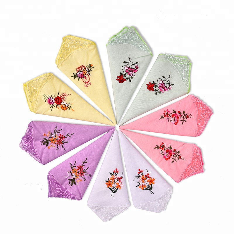custom embroidery flower handkerchief lace edge hot selling